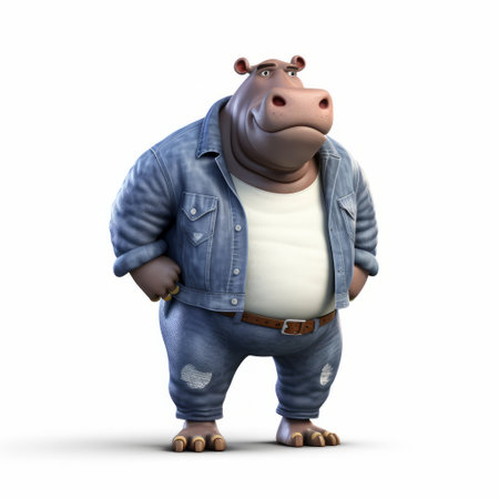 a 3d hippo cartoon in denim, featuring a hyper-realistic representation of the animal. this imaginative character is brought to life with its life-size figure and action-packed cartoon style. with a normcore twist, the ultra hd details enhance the cartoonish character design. ai generatedの素材