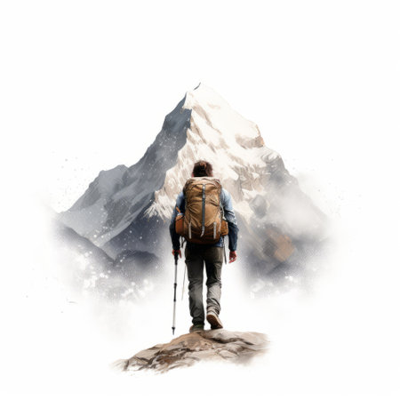 a man walking in the mountains, depicted in a realistic figurative style of 2d game art. the image features a mountain top setting with a white background. the color palette consists of white and amber tones, creating a visually striking composition. this uhd image showcases subtle ink application, enhancing the overall aesthetic. the portrayal of the man exudes an epic and captivating sense of portraiture.の素材