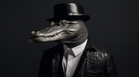 a crocodile, wearing a shirt and leather jacket, poses on a black surface. this photograph captures the essence of anthropomorphic animals in a movie still-like manner. the crocodile's attire exudes an elegantly formal and streetwise style, reminiscent of hatecore fashion. the detailed portrait showcases the unique personality of the crocodile, named louis. ai generatedの素材