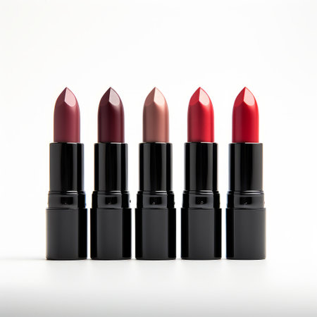 a photo featuring red, black, and pink lipsticks arranged on a white background. the image showcases a mix of vibrant spectrum colors, including the bold red and black lipsticks, against a muted and industrial backdrop. the tonal variations in color create a distinctive character design, with the style resembling light gray and dark amber. the technique of focus stacking enhances the overall visual impact ofの素材