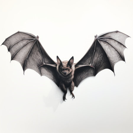 a hyperrealistic drawing of a bat with spread wings, showcasing a unique blend of light black and crimson tones. this conceptual installation features a humorous tableau with minimalistic objects, reminiscent of tattoo art. the bat's intricate details and lifelike portrayal make it a perfect addition to luxurious wall hangings. ai generatedの素材