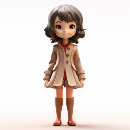 a 3d model of a character wearing a coat and shorts, showcasing the kawaii art style. the sepia tone adds a touch of nostalgia, reminiscent of the barbizon school. with childlike innocence and charm, this traditional japanese-inspired character is rendered in maya, featuring a delightful combination of light beige and red colors. ai generatedの素材