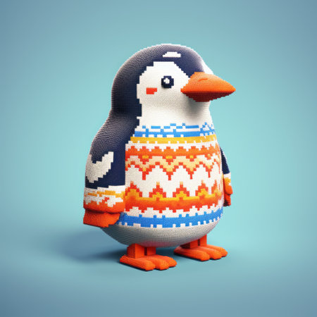 a pixel penguin, rendered in cinema4d with vray tracing, sits on a vibrant blue background. the bold colors and patterns bring this knitted and crocheted carved animal figure to life. the polychrome terracotta adds a touch of realism to the hyper-realistic animal illustration. ai generatedの素材