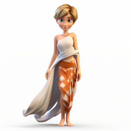 a 3d model featuring a cute blonde girl wearing a white dress and red heels, inspired by indigenous culture. the model showcases a color palette of light orange and brown, with a slumped and draped pose. this creation draws inspiration from the artistic styles of walt disney and john wilhelm, presenting a wrapped and youthful protagonist. ai generatedの素材