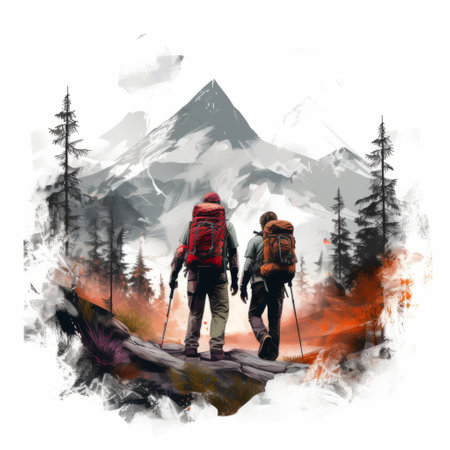 a stunning 3d art of a mountain range, capturing the essence of mountaineering and hiking adventures. this illustration, in the style of traditional oil-painting techniques, showcases dark red and orange hues, creating a mesmerizing atmosphere. the watercolor illustrations by joram roukes beautifully depict mist-covered peaks and isolated figures, inviting viewers on a captivating journey. ai generatedの素材