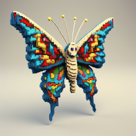 a colorful 3d model of a butterfly made from legos, featuring surrealistic poses inspired by traditional mexican style. this unique creation by ruslan lobanov showcases pixel-perfect details and draws inspiration from the works of esteban vicente. the butterfly's ivory hues and hyperbolic expression make it a captivating piece of art. ai generatedの素材