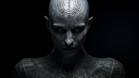 the tv character in the alien film is captured in a visually stunning photograph. the image showcases striking symmetrical patterns and hyperrealistic fantasy elements. shot on 70mm film, the meticulous attention to detail is evident, with the use of light silver and black tones adding to the intensity of the portraits. ai generatedの素材