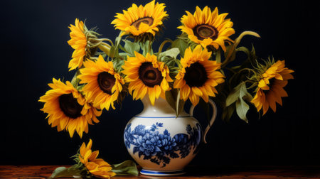 a stunning photograph of a porcelain vase filled with a vibrant bunch of sunflowers. the image showcases a dramatic play of shadows, with dark cyan and dark blue tones adding depth and intensity. the high-resolution 8k capture beautifully captures the intricate details of the flowers, resulting in a colorful and visually striking arrangement. ai generatedの素材