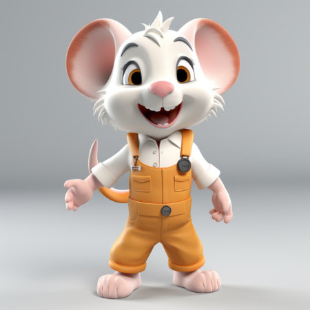 a white and orange cartoon mouse wearing overalls is depicted in this commissioned artwork. created in the style of vray tracing, the image showcases meticulous design and photorealistic rendering. with a strong facial expression, the childlike figure of the mouse comes to life in this 32k uhd artwork. ai generatedの素材