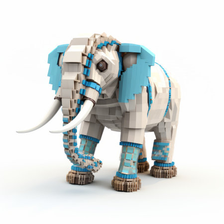 a realistic and detailed rendering of a lego brick elephant mashup, combining the elements of a brick and an elephant. the style of the image is white and cyan, creating a visually striking contrast. the blue and beige colors add an industrial and technological feel to the artwork. inspired by maori art, the image features densely patterned imagery, enhanced by a tilt-shift effect. ai generatedの素材