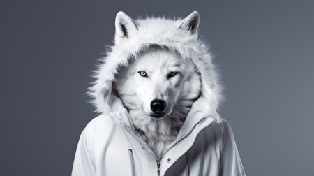 a white wolf with a white coat stands alongside a grey wolf on a grey background. this digitally manipulated image captures the essence of iconic pop culture references, reminiscent of the style seen in frostpunk. the candid shot showcases the beauty of these majestic creatures, with playful character designs and a touch of pop-culture-infused inspiration. ai generatedの素材