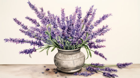 an open vase filled with lavender flowers sits on a table, resembling realistic watercolor paintings. the vase is made of light gray, glazed earthenware, adding to its aesthetic appeal. the composition of the image draws inspiration from wimmelbilder, hurufiyya, and the artistic styles of amedee ozenfant. this high-resolution photograph captures the intricate details of the flowers and the vase. ai generatedの素材