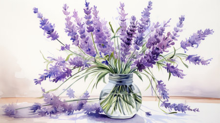 a watercolor drawing of a vase with lavender, created by svetlin velinov, showcases the artist's talent in realistic watercolor paintings. the symmetrical arrangement of the lavender adds a playful touch to this still life. leanne surfleet's use of transparency and luminous shadows enhances the overall beauty of the artwork. ai generatedの素材