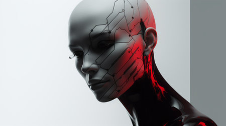 a woman with a computerized head and background is depicted in this 2d illustration. the artwork is created in a dark silver and red color scheme, with elements of vray tracing, kintsugi, and low depth of field. inspired by the style of android jones, the illustration showcases strong facial expression and mechanized forms. ai generatedの素材