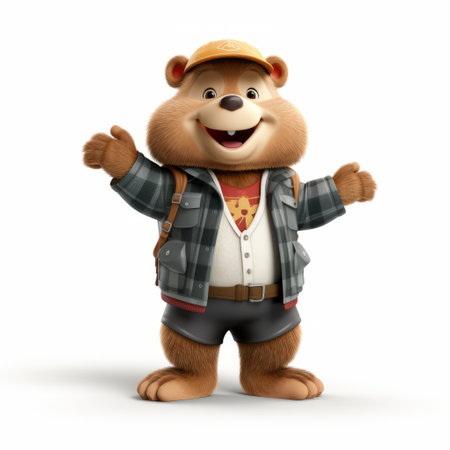 a tv character dressed as a grunt stands with his arms up, portrayed in the style of hyper-realistic animal illustrations. the character's attire consists of light brown and light beige colors, creating a visually striking image. captured using a nikon d850 camera, this uhd image showcases the unique combination of cranberrycore and vacation dadcore aesthetics. toyen's artistic touch adds depth and detail to this captivatingの素材
