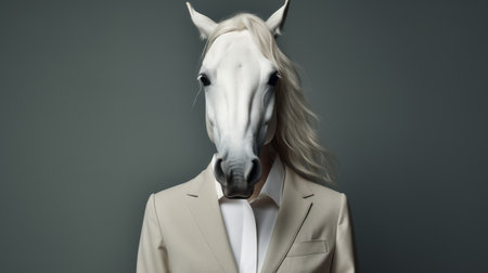 a horse with long hair wearing a suit, showcasing surreal juxtapositions in a dark beige and white color scheme. this unique image combines elements of political minimalism, sabattier filter effects, precisionism influence, and a pop-culture-infused manapunk aesthetic. ai generatedの素材