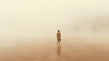 a person stands in water on a sunday morning, capturing the essence of nicolas bruno's style. the photo showcases a blend of light gold and light brown tones, evoking an oriental minimalism aesthetic. with an otherworldly atmosphere and a touch of desertwave, the misty atmosphere adds to the ethereal beauty of the image, reminiscent of mote kei fashion. ai generatedの素材