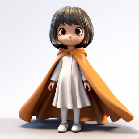 a small cartoon figure with a yellow cape, showcasing the charming anime characters in a vray tracing style. the character exudes childlike innocence with its light white and dark orange color scheme. the shiny eyes add a touch of realism to the stylized design. this creation is a testament to the talent of women designers. ai generatedの素材