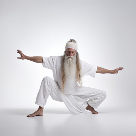 a veteran yoga man with a long beard is captured practicing yoga in the style of lois greenfield. this orientalist-influenced image showcases a hieratic visionary pose, while challenging whitewashed narratives. the photograph, associated with the press, beautifully captures the man in traditional costumes. this uhd image is a stunning representation of yoga and cultural diversity. ai generatedの素材