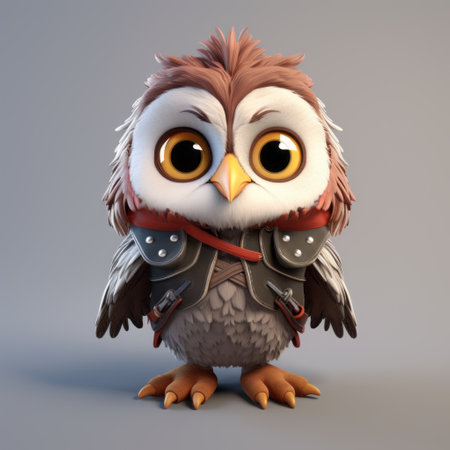 a charming and cute 3d model of an owl wearing armor, created in a cartoonish style with a touch of innocence. this adorable character illustration showcases a dreamy and realistic figure, enhanced by the soft-focus technique. perfect for adding a whimsical touch to any project or design. ai generatedの素材