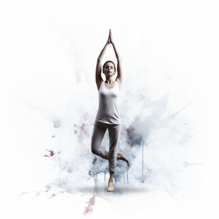 a young girl gracefully practicing yoga poses in front of a vibrant painting, featuring a color splash effect. the artwork, created by a talented watercolorist, showcases a beautiful combination of light maroon and white hues. the painting's unique style, blending white and gray tones, earned it recognition as a contest winner. the use of physically based rendering and innovative techniques adds depth and realism toの素材