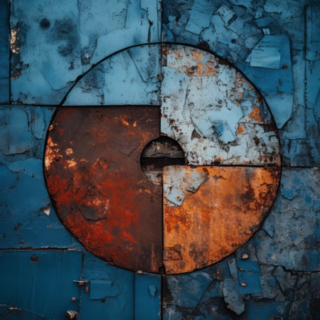 rusty metal on a building, featuring a dark orange and dark azure color scheme. the circular abstraction showcases color-blocked shapes in light blue and dark black, creating an industrial feel. juxtaposed and fragmented imagery adds visual interest to this captivating photo. ai generatedの素材
