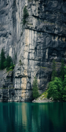 a stunning cliff wallpaper featuring a calming and introspective aesthetic. the dark green and light aquamarine hues create a serene atmosphere, while the mountainous vistas provide a sense of grandeur. this webcam photography captures the beauty of cliffs in a swiss style, with juxtaposed imagery of dark turquoise and light brown tones. ai generatedの素材