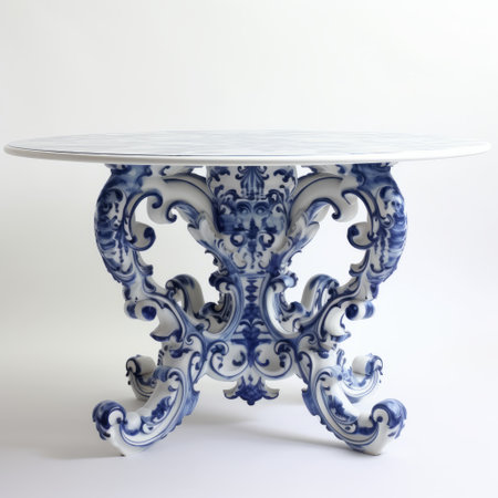 a white and blue carved table, inspired by the realistic and hyper-detailed renderings of luca della robbia and james jean, showcases elements of baroque architecture. this unique piece of furniture draws inspiration from the works of piet hein eek and is crafted with porcelain accents. the high-resolution design captures every intricate detail. ai generatedの素材