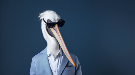 a white bird with long ears is wearing sunglasses, showcasing a corporate punk style with light navy and light azure colors. the bird's attire is elegant and precise, reminiscent of the artistic style of maurizio cattelan. the image captures the lifelike and mannerist elements, beautifully portrayed by hugh kretschmer. ai generatedの素材