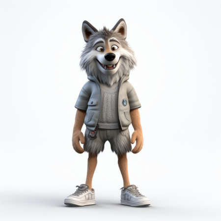 a black and white cartoon wolf model is showcased in this photo, set against a clean white background. the wolf is rendered in the style of cinema4d, with a touch of street fashion influence. the youthful protagonists are depicted with light gray and light brown tones, featuring playful character designs. the use of photo-realistic techniques adds depth to the image. captured with a sony alphaの素材