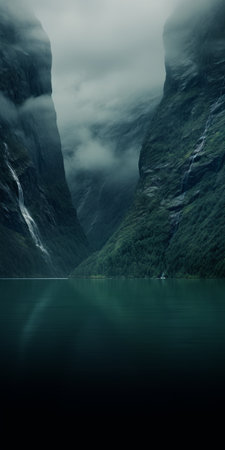 a stunning fjord wallpaper featuring calming and introspective aesthetics. the photo showcases a beautiful fjord with clear turquoise water, surrounded by dark green mountains. the image captures the serene and peaceful ambiance of the fjord, creating a perfect backdrop for a relaxing atmosphere. this webcam photography highlights the juxtaposed imagery of dark turquoise water and light brown mountainous vistas, reminiscent of the swiss style. aiの素材