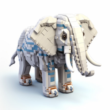 blue and white lego elephant, crafted with intricate details, stands tall with a bow and arrow. this stunning creation showcases vray tracing, layered textures, and patterns. the color palette includes light beige, amber, light gray, and light azure, reminiscent of phoenician art. intel core technology enhances the overall design, resulting in a visually captivating masterpiece. ai generatedの素材