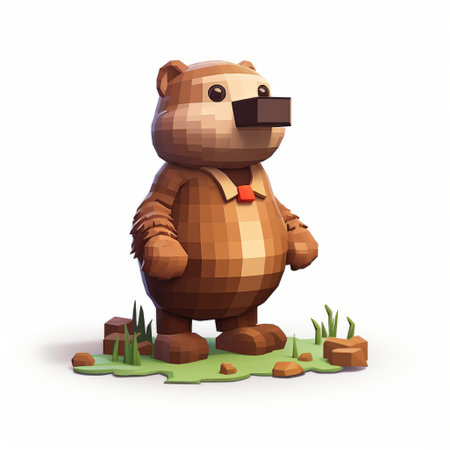 a pixel character of a bear stands in a field, showcasing oliver wetter's blocky and hyper-realistic style of animal illustrations. the artwork also incorporates elements from tim hildebrandt, with rounded features and a mimicked appearance of ruined materials. the bear's portrayal is both realistic and stylized, creating a unique visual experience. ai generatedの素材