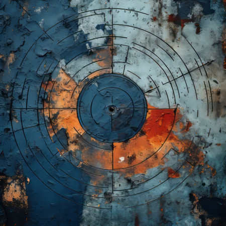 rusty and worn-out metal painting on a rough wall stock photo featuring circular abstraction, futuristic and sci-fi elements. the dark blue and orange color scheme adds to the post-apocalyptic futurism vibe. the image showcases a blueprint-like aesthetic, rendered with octane render, and offers an intriguing aerial view. ai generatedの素材