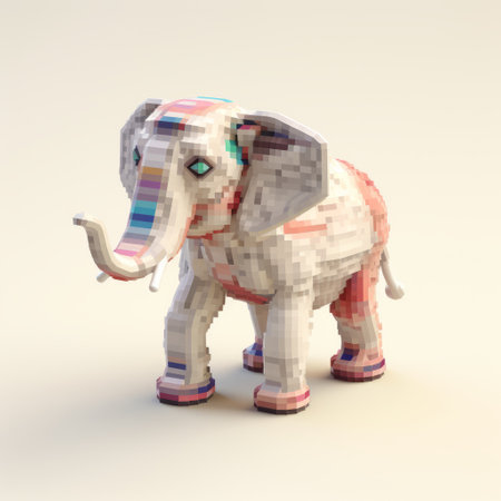 a 3d model of a pixelated elephant, inspired by the psychedelic graphic design style of frank xavier leyendecker. this playful creation incorporates a unique use of texture and a limited color palette, featuring light white and light crimson tones. created by the talented artist dan matutina, this artwork embodies a captivating fusion of junglepunk aesthetics. ai generatedの素材