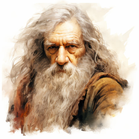 a digitally enhanced painting featuring a man with a white beard and beard. this wizardcore artwork showcases a realistic watercolor style with light amber tones. the ancient art influence is evident in the highly detailed figures, while the use of the impasto technique adds texture and depth to the composition. ai generatedの素材
