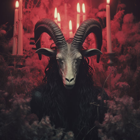 a photo featuring a witchweed plant surrounded by a black goat satan baphomet. the image showcases a pastel color scheme with dominant dark, red, and ivory tones, creating a demonic and 1970s horror aesthetic. captured in 32k uhd using fujifilm velvia 100, this photo embodies a weird and bizarrecore aesthetic, with intricate world design and macabre elements. it is a blink-and-you-miss-it-detail that evokes a senseの素材