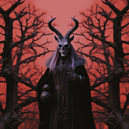 a photo featuring a witchwood with a black goat satan baphomet, showcasing a pastel color scheme with dominant dark, red, and ivory tones. the image exudes a demonic and macabre vibe, reminiscent of 1970s horror aesthetics. shot in 32k uhd using fujifilm velvia 100, this photo captures a weird and bizarrecore aesthetic, with intricate world design and blink-and-you-miss-it details. it embodies elements of occult, paganism,の素材