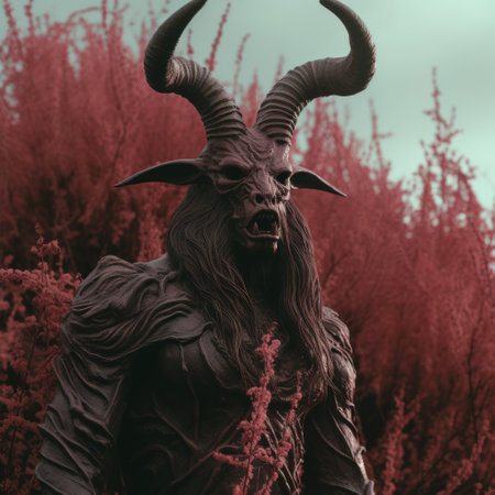 a photo featuring witchgrass and a black goat satan baphomet in a pastel color scheme. the dominant colors are dark, red, and ivory, creating a demonic and 1970s horror aesthetic. shot in 32k uhd with fujifilm velvia 100, this image captures a weird and bizarrecore atmosphere. the intricate world design and macabre elements add to the occult and pagan themes. a blink-and-you-miss-it-detail that exudes aの素材