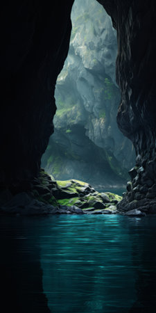cave wallpaper featuring a calming and introspective aesthetic. the dark green and light aquamarine colors create a soothing atmosphere. this webcam photograph captures the beauty of a cave with water, surrounded by mountainous vistas. the dark turquoise and light brown tones add a touch of serenity. the juxtaposed imagery in this swiss-style cave wallpaper is perfect for those seeking a tranquil and captivating visual experience.の素材