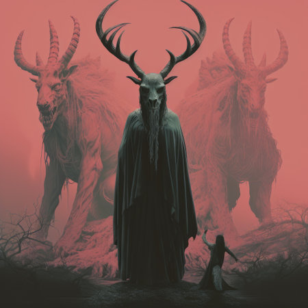 a photo featuring a witchfolk and a black goat satan baphomet in a pastel color scheme. the image showcases a dominant combination of dark, red, and ivory tones, creating a demonic and 1970s horror aesthetic. shot in 32k uhd with fujifilm velvia 100, this photo captures a weird and bizarrecore atmosphere, with intricate world design and macabre elements. it is a blink-and-you-miss-it-detail that embodies theの素材