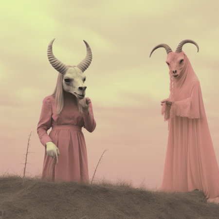 a photo featuring a witchfolk and a black goat satan baphomet in a pastel color scheme. the image has a dominant dark, red, and ivory color palette, creating a demonic and 1970s horror aesthetic. shot in 32k uhd with fujifilm velvia 100, this photo showcases a weird and bizarrecore aesthetic, with intricate world design and macabre elements. it is a blink-and-you-miss-it-detail that captures the essenceの素材