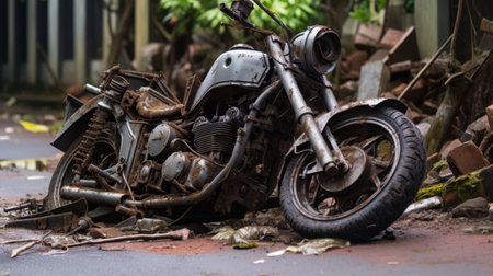 a broken motorcycle, showcasing metalworking mastery, rests amidst a pile of debris, capturing the essence of urban life. this timeless depiction evokes nostalgia and seamlessly blends elements of naturecore and junglepunk. the soft-focus technique adds an iconic touch to this captivating image. ai generatedの素材