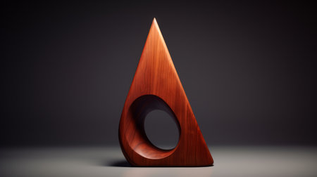 a wooden sculpture featuring an upright triangle stands out with its bold and striking design. rendered in cinema4d, this curvaceous and simplistic artwork showcases the creativity of avocadopunk. the intricate inlay work and the use of focus stacking highlight the attention to detail. steinheil quinon 55mm f19 lens captures the sculpture's beauty with precision. ai generatedの素材