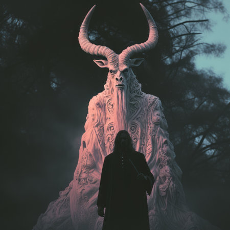 a photo featuring a witchiest black goat satan baphomet in a pastel color scheme. the image showcases a dominant combination of dark, red, and ivory tones, creating a demonic and 1970s horror aesthetic. shot in 32k uhd using fujifilm velvia 100, this photo captures a weird and bizarrecore atmosphere, with intricate world design and macabre elements. it is a blink-and-you-miss-it-detail that embodies the occult, paganism,の素材