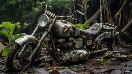 a motorcycle rests in the midst of dense jungles, showcasing its patinated and oxidized appearance. this powerful and emotive portrait captures the essence of traditional craftsmanship in its photographically detailed portrayal. the 8k resolution highlights every intricate detail, including the rusty debris surrounding the bike. this captivating image embodies the spirit of sumatraism. ai generatedの素材