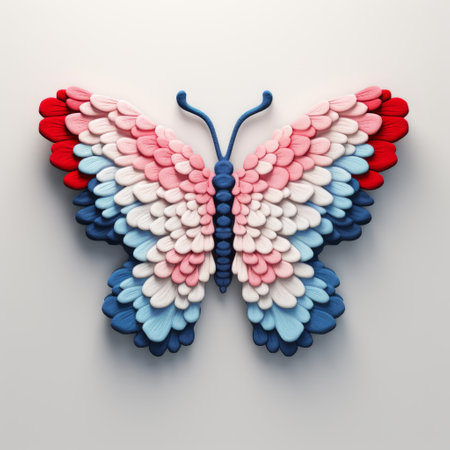 3d flower petals create a butterfly concept in this stock photo. the white background enhances the minimalist surrealist style, with light pink and dark blue hues. the artwork draws inspiration from gond art, wall sculpture, and installation. brightly colored birds add to the beauty, while hyper-realistic animal illustrations captivate the viewer. ai generatedの素材