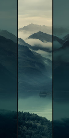 a plain wallpaper featuring a calming and introspective aesthetic in dark green and light aquamarine. this webcam photograph captures the beauty of mountainous vistas, with a juxtaposition of imagery in the style of swiss design. the dark turquoise and light brown colors add depth and tranquility to the overall composition. ai generatedの素材