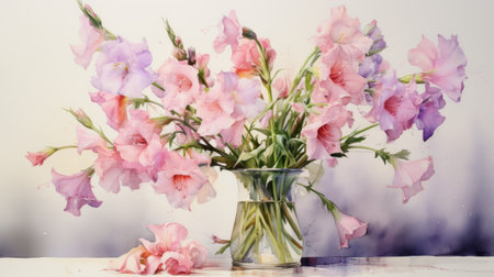 a clear vase filled with vibrant blossoming flowers, resembling realistic watercolor paintings. the image showcases split toning with a resolution of 8k, featuring a delicate blend of light magenta and light crimson hues. the photograph captures the essence of realistic still lifes, highlighting meticulous attention to detail reminiscent of a skilled watercolorist. ai generatedの素材