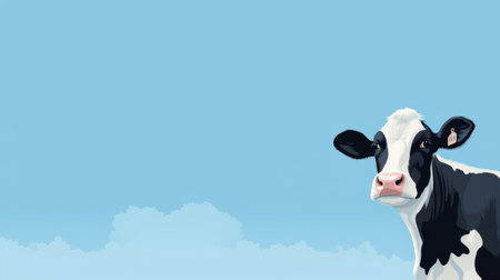 a cow with its ears up, standing against a minimalist background in the style of illustrated advertisements. the aerial view captures the cow's presence in a 3840x2160 resolution image. the artwork, created by patricia piccinini, showcases realistic blue skies and cute cartoonish designs. ai generatedの素材